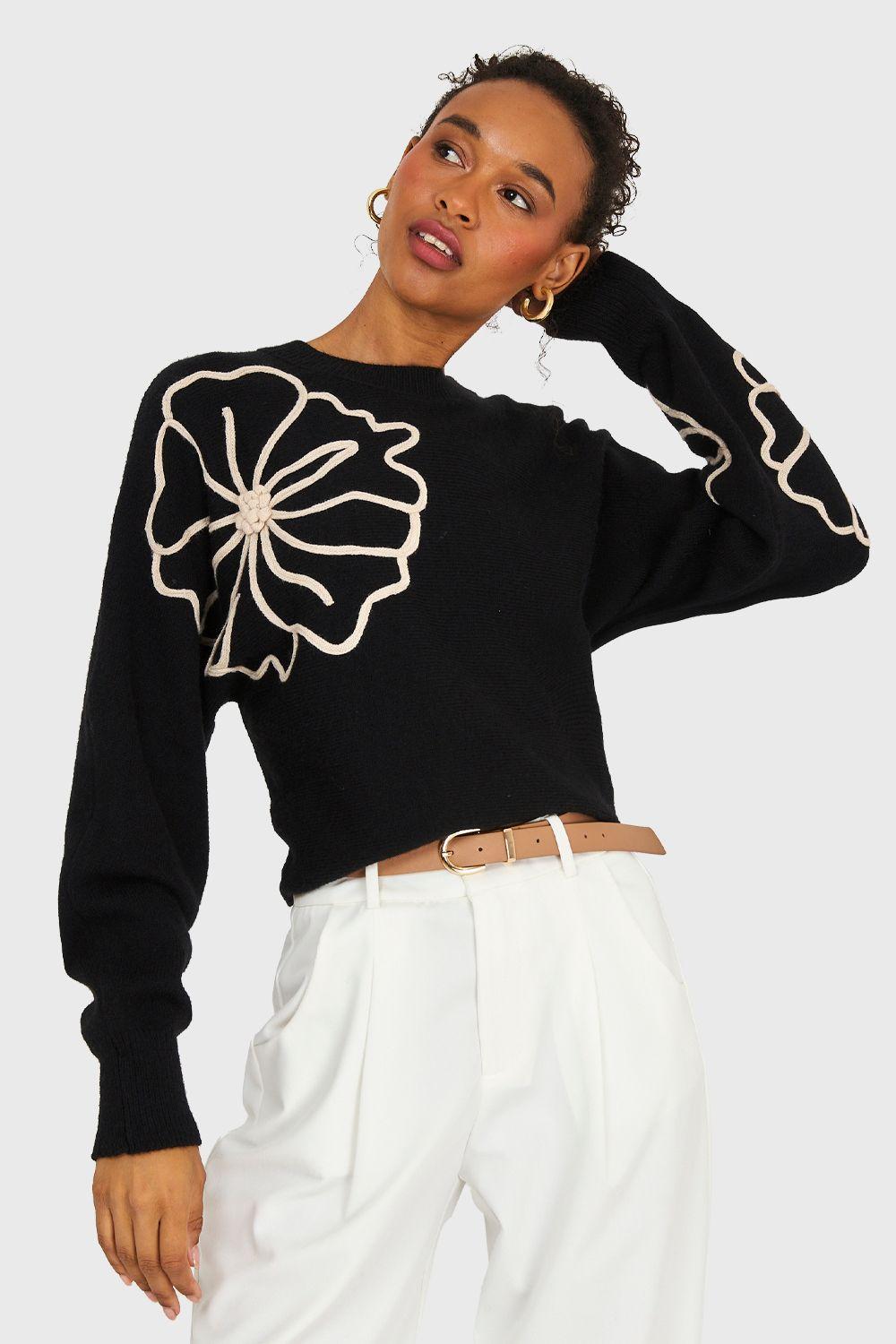 Sweater Diseño Flores Negro Nicopoly-0