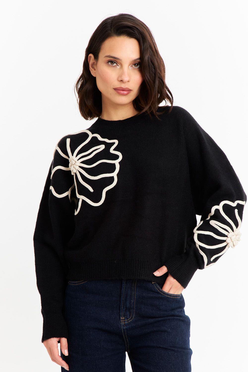 Sweater Diseño Flores Negro Nicopoly-0