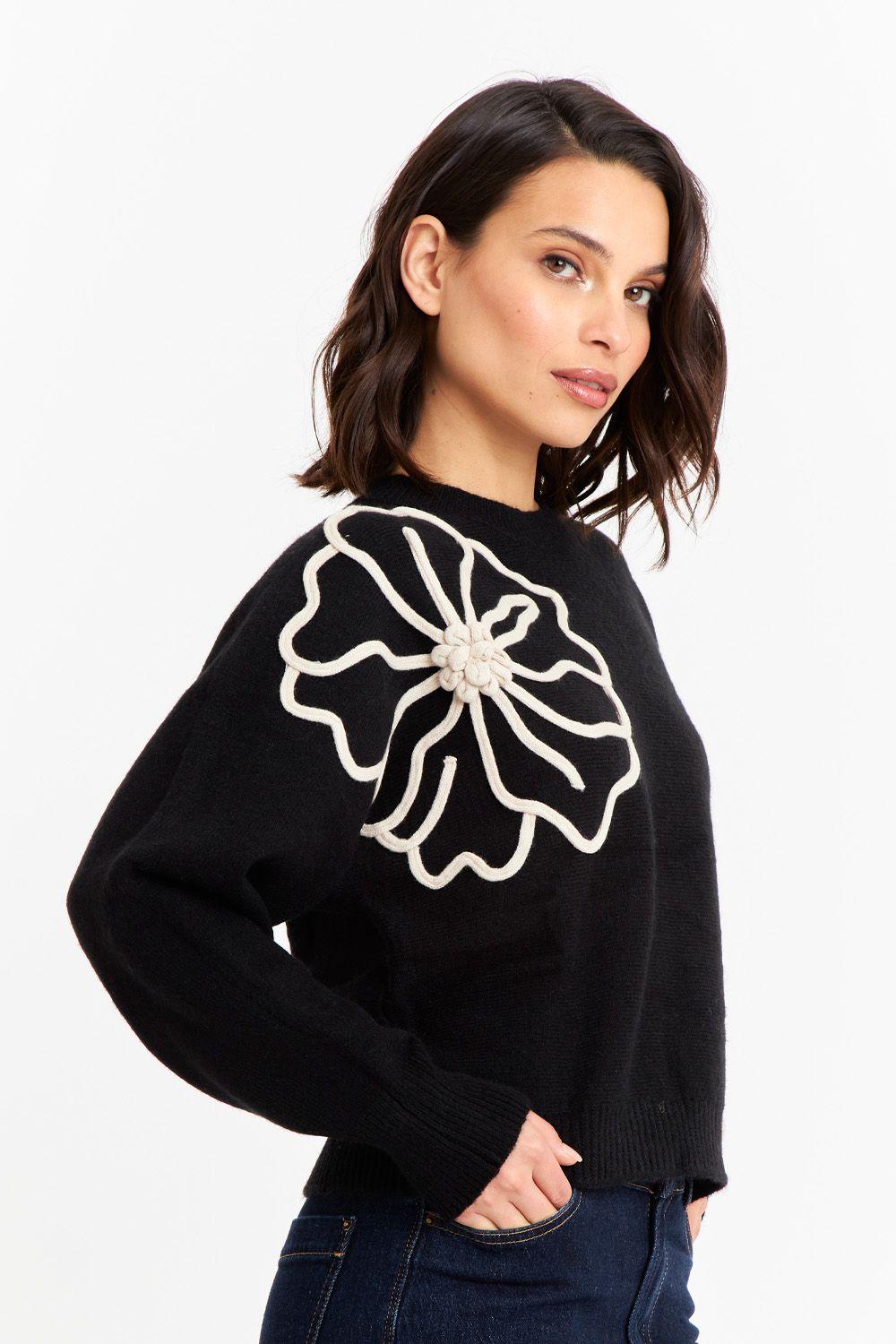 Sweater Diseño Flores Negro Nicopoly-2