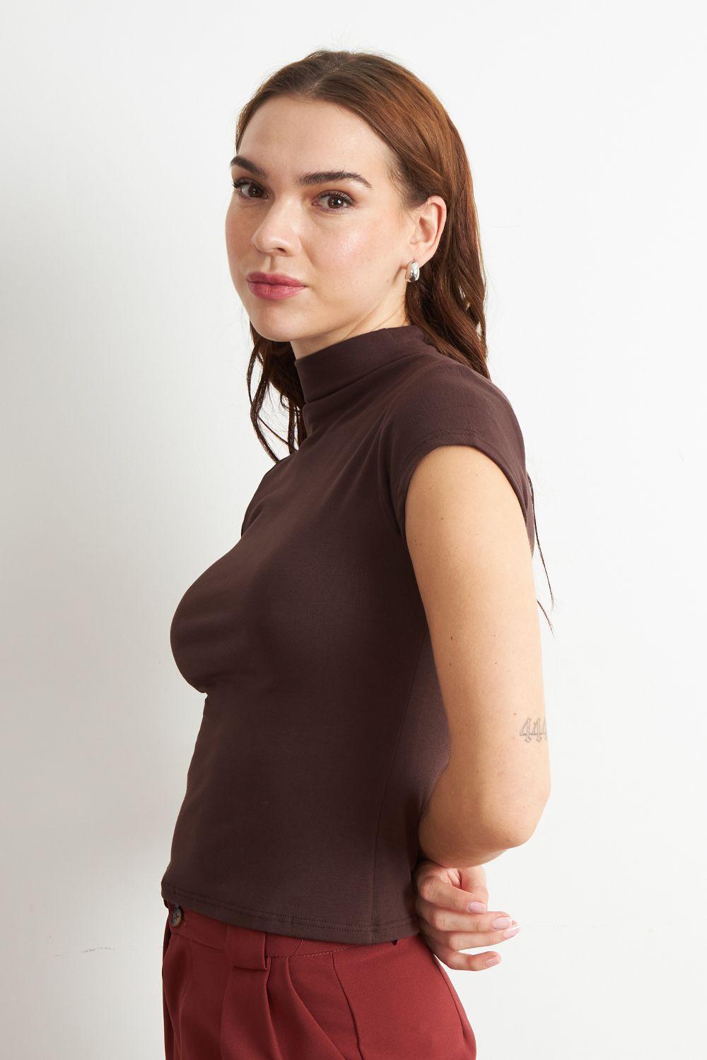 Polera Manga Corta Cuello Alto Café Nicopoly-2