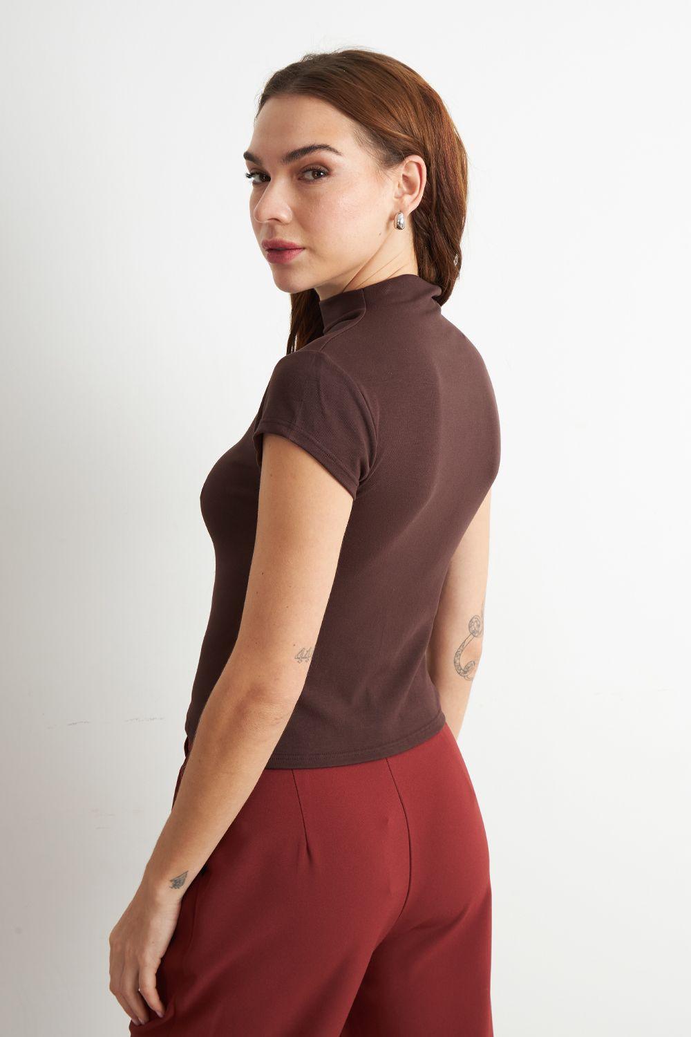 Polera Manga Corta Cuello Alto Café Nicopoly-3