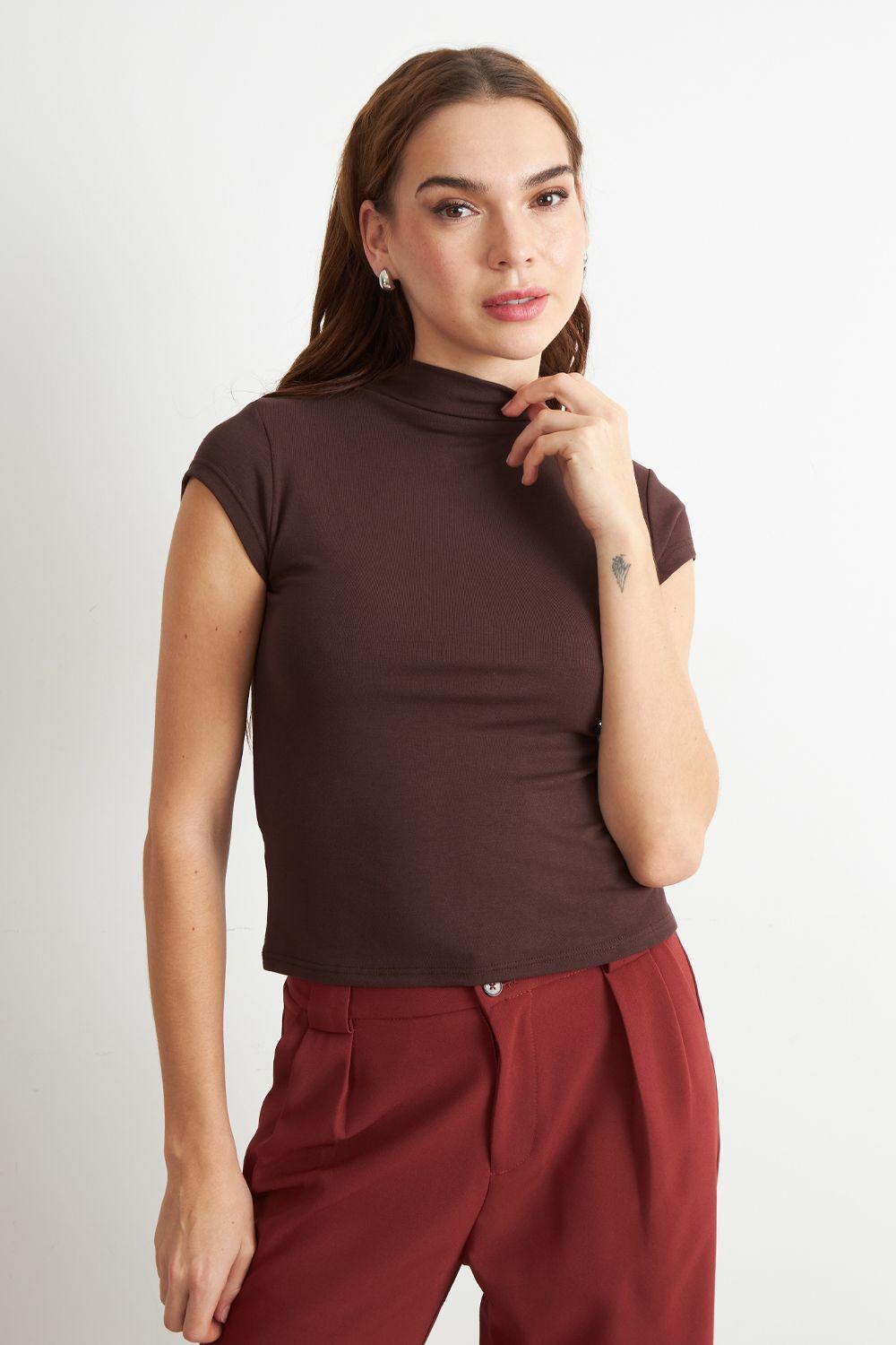 Polera Manga Corta Cuello Alto Café Nicopoly-4