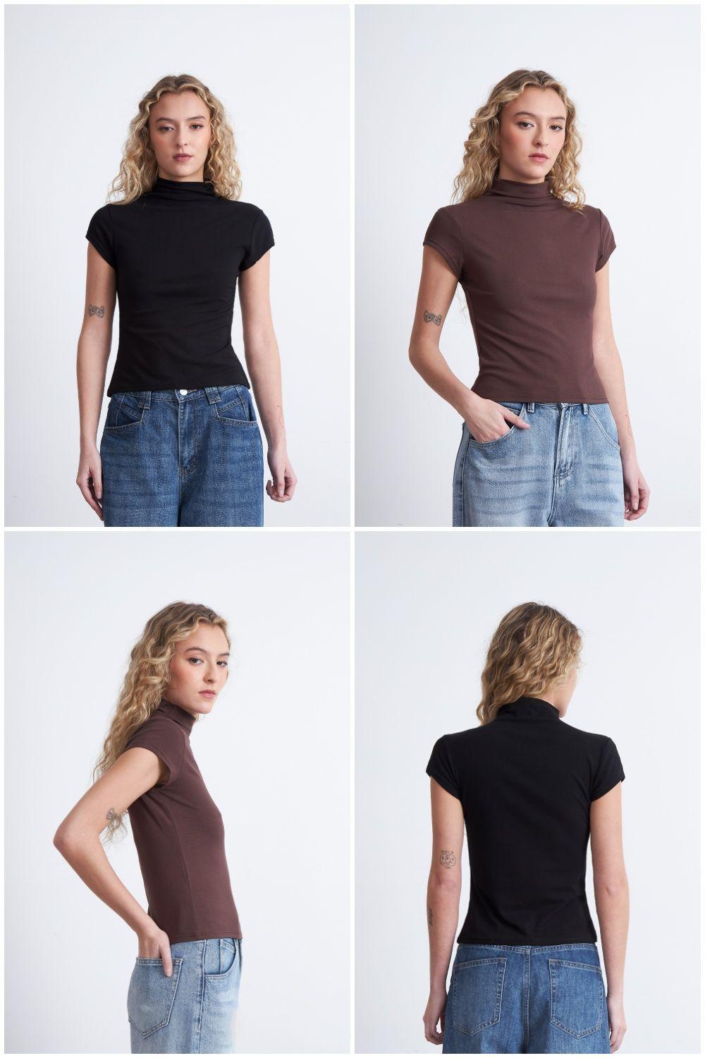 Polera Manga Corta Cuello Alto Café Nicopoly-4