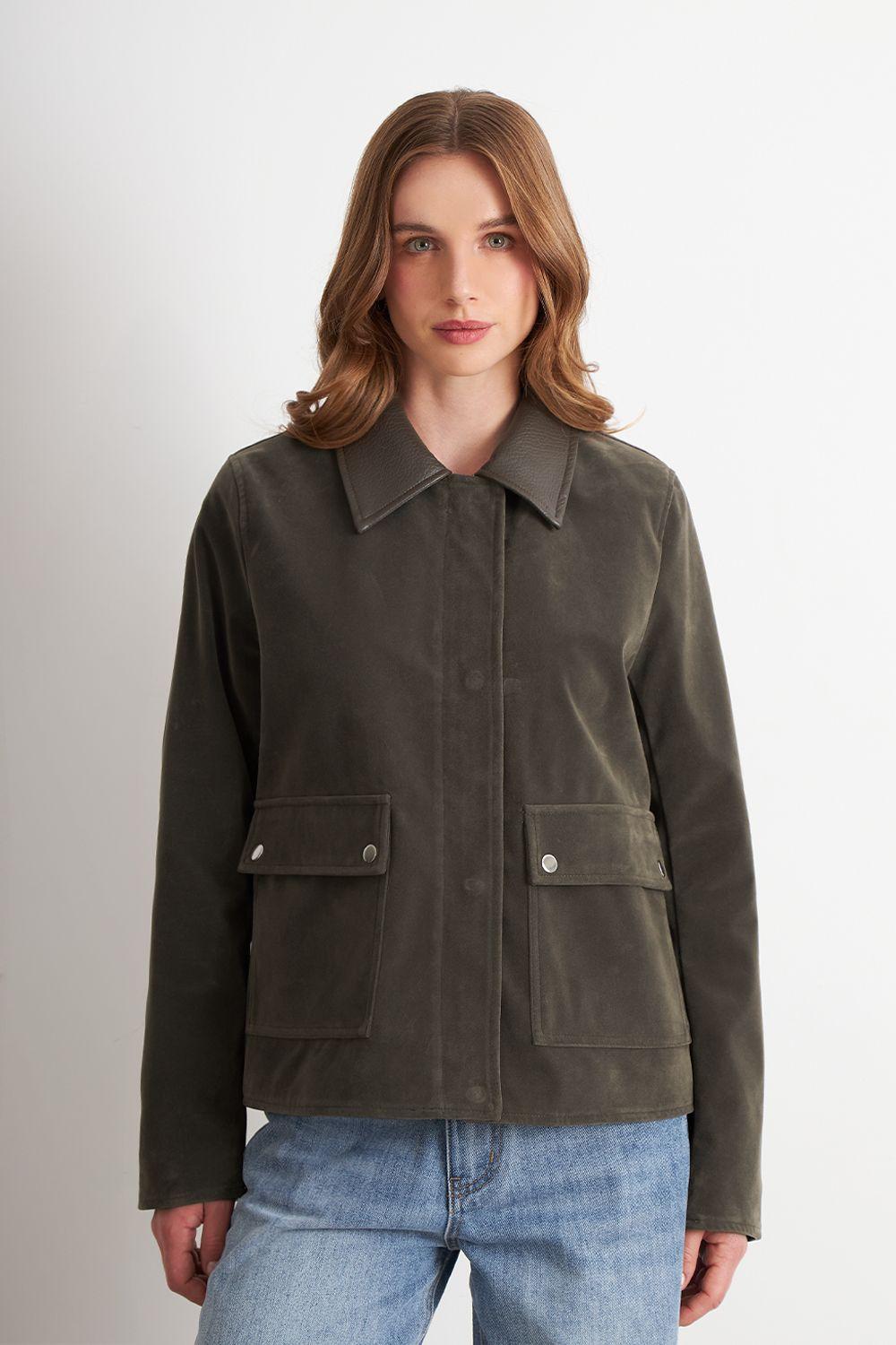 Chaqueta Tipo Gamuza Cuello Ecocuero Oliva Nicopoly-0