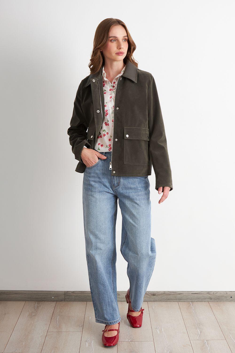 Chaqueta Tipo Gamuza Cuello Ecocuero Oliva Nicopoly-1