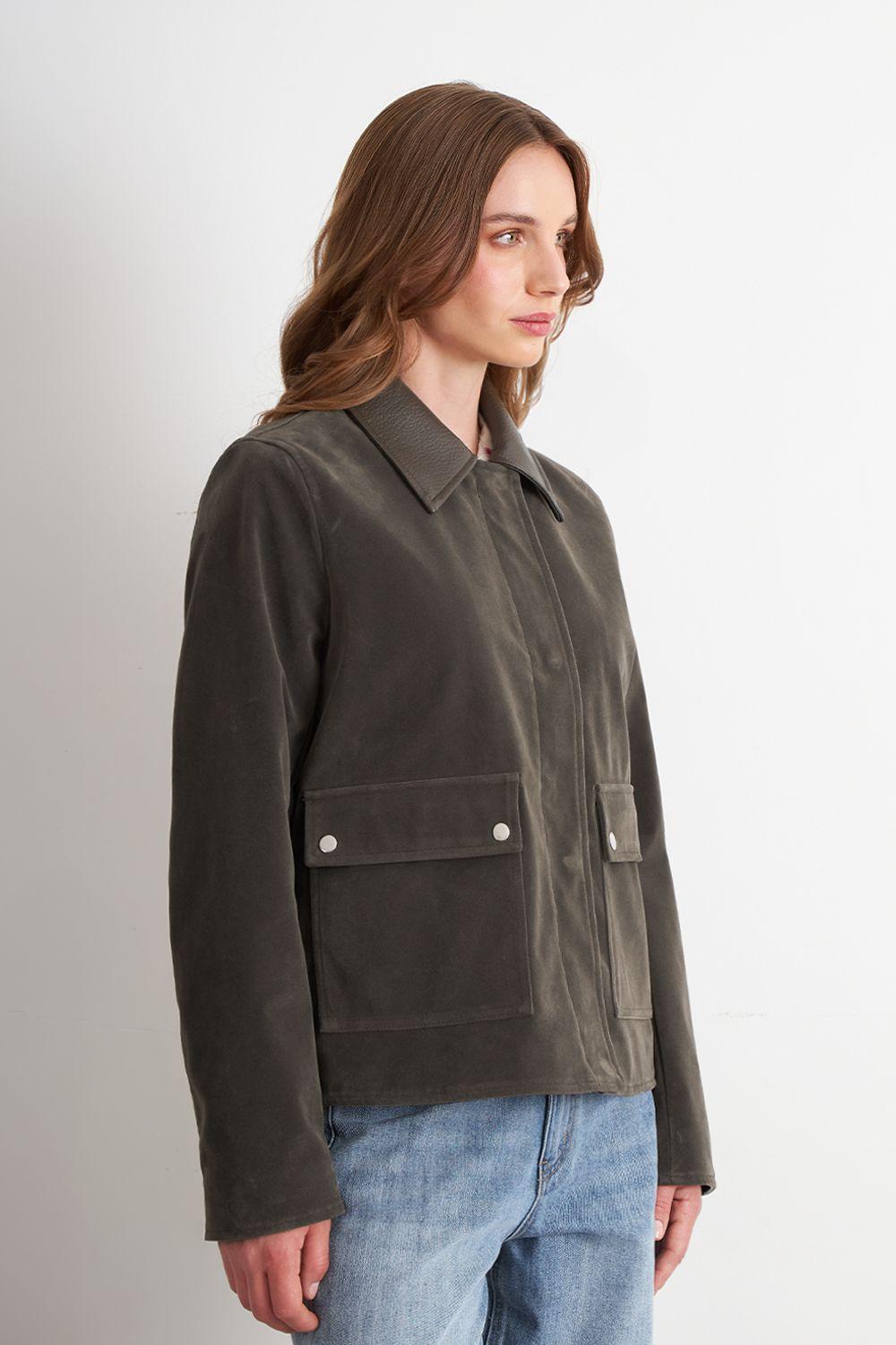 Chaqueta Tipo Gamuza Cuello Ecocuero Oliva Nicopoly-2