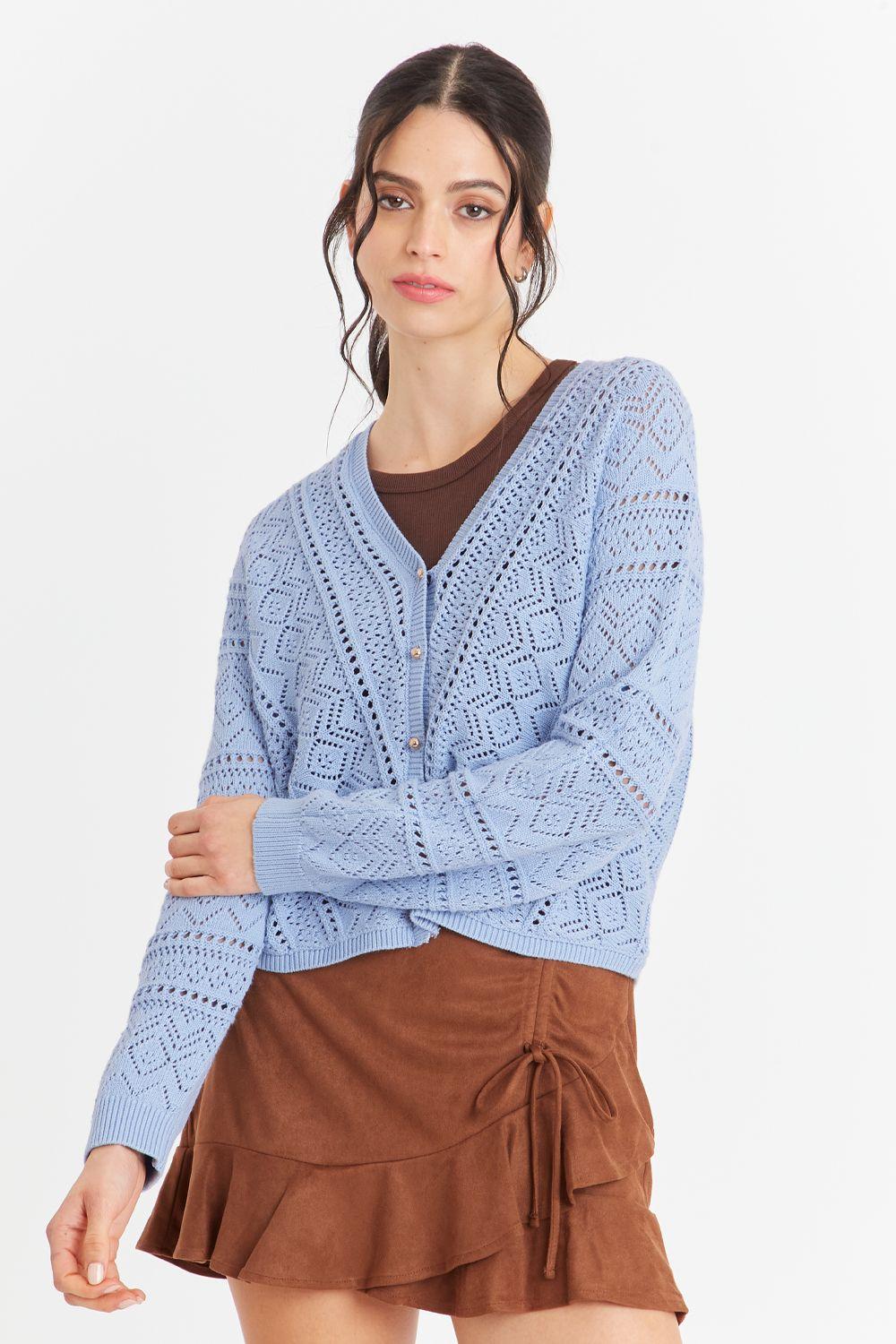 Cárdigan Tipo Crochet Botones Dorados Celeste Nicopoly-0