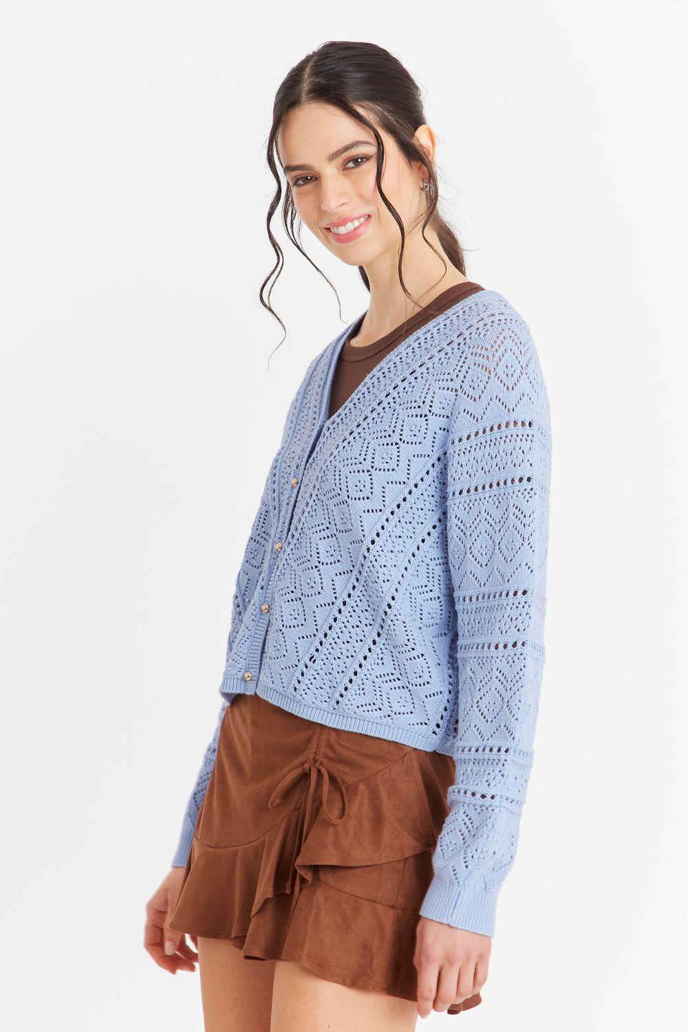Cárdigan Tipo Crochet Botones Dorados Celeste Nicopoly-2
