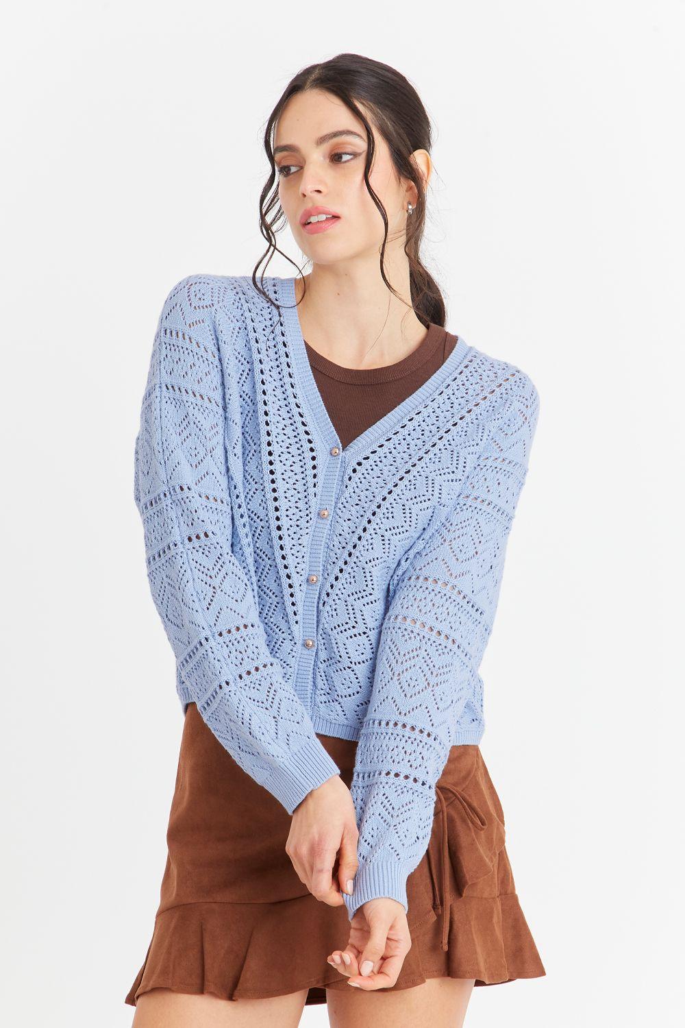 Cárdigan Tipo Crochet Botones Dorados Celeste Nicopoly-4