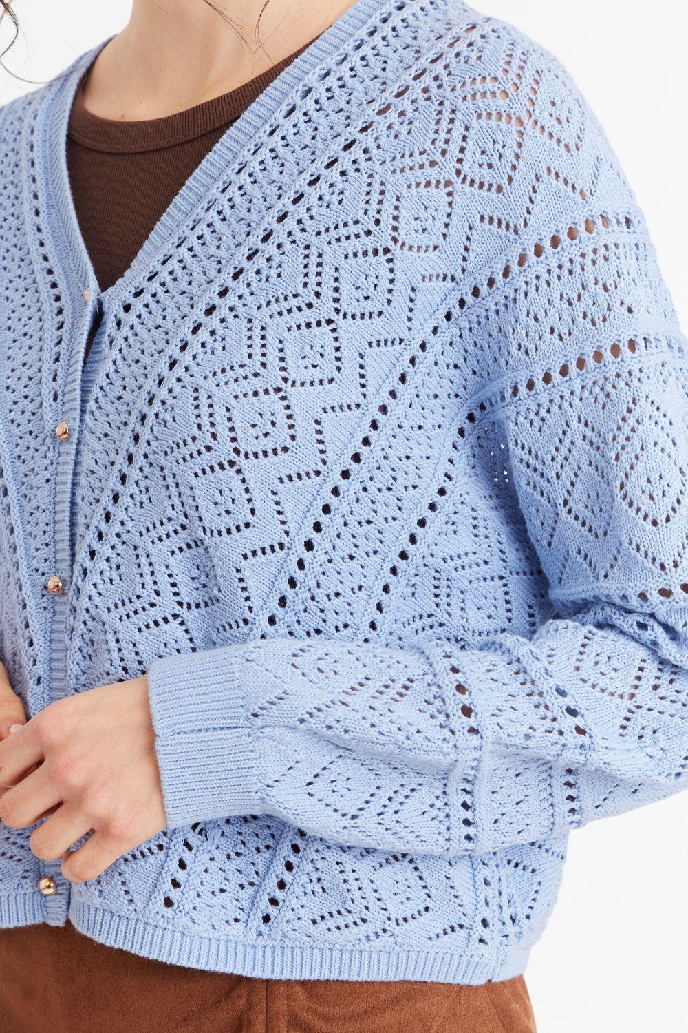 Cárdigan Tipo Crochet Botones Dorados Celeste Nicopoly-5