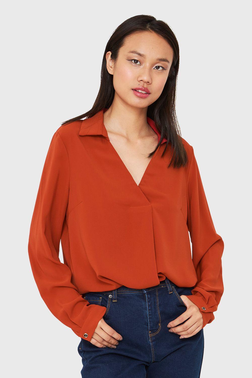 Blusa Cuello Camisero Escote V Terracota Nicopoly-0