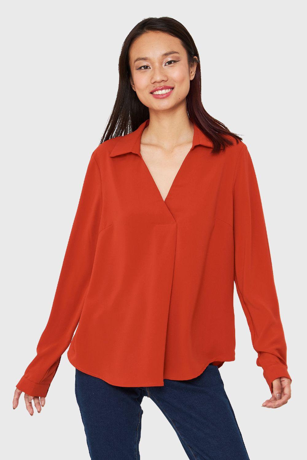 Blusa Cuello Camisero Escote V Terracota Nicopoly-4