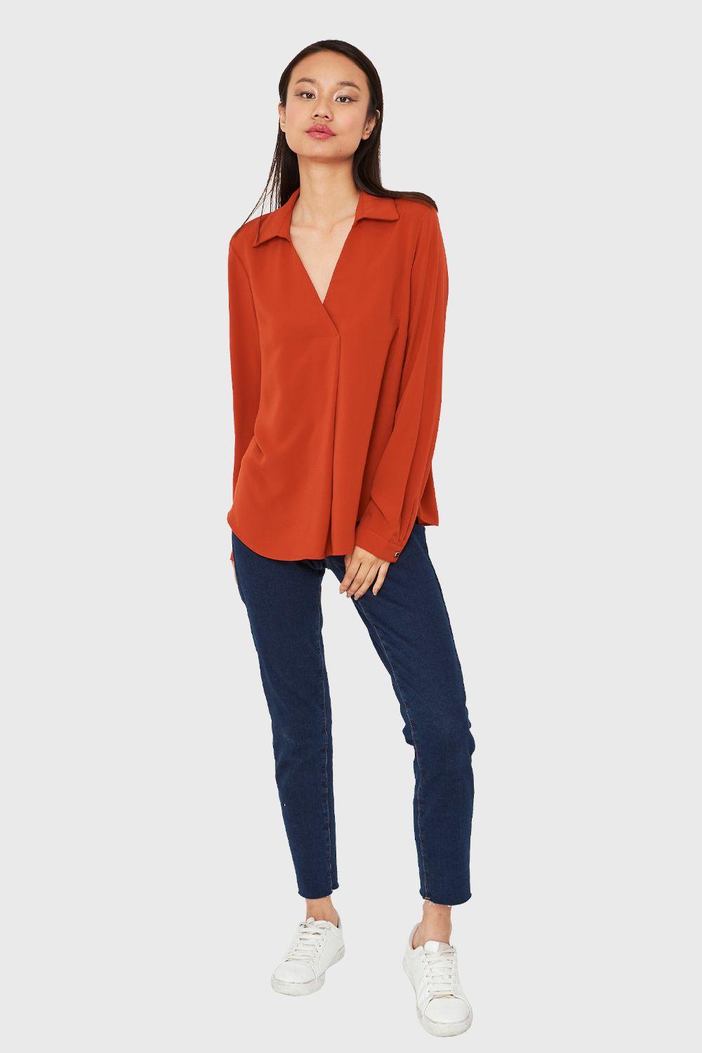 Blusa Cuello Camisero Escote V Terracota Nicopoly-1