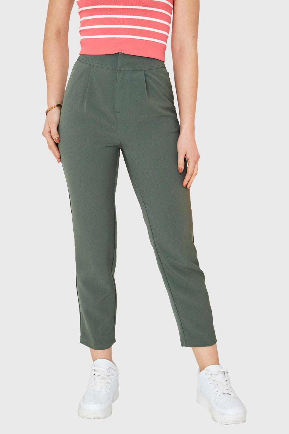Pantalón Recto Tiro Alto Verde Oliva Nicopoly-0