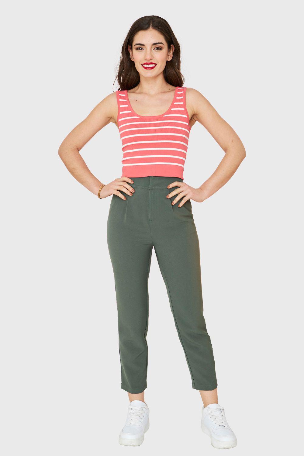 Pantalón Recto Tiro Alto Verde Oliva Nicopoly-1