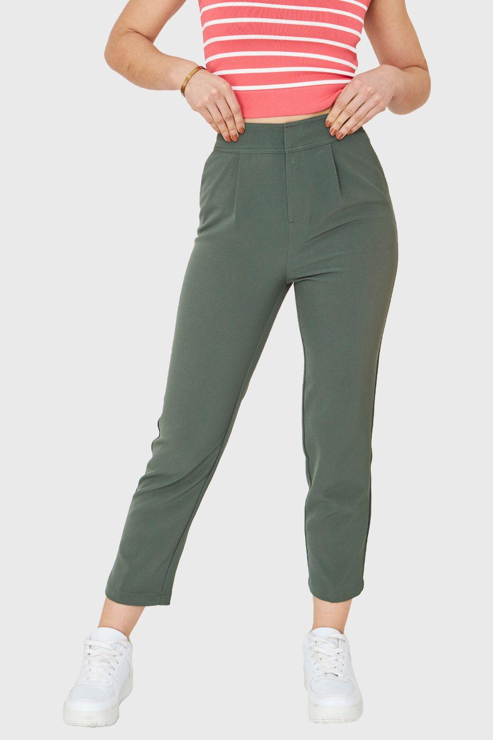 Pantalón Recto Tiro Alto Verde Oliva Nicopoly-4