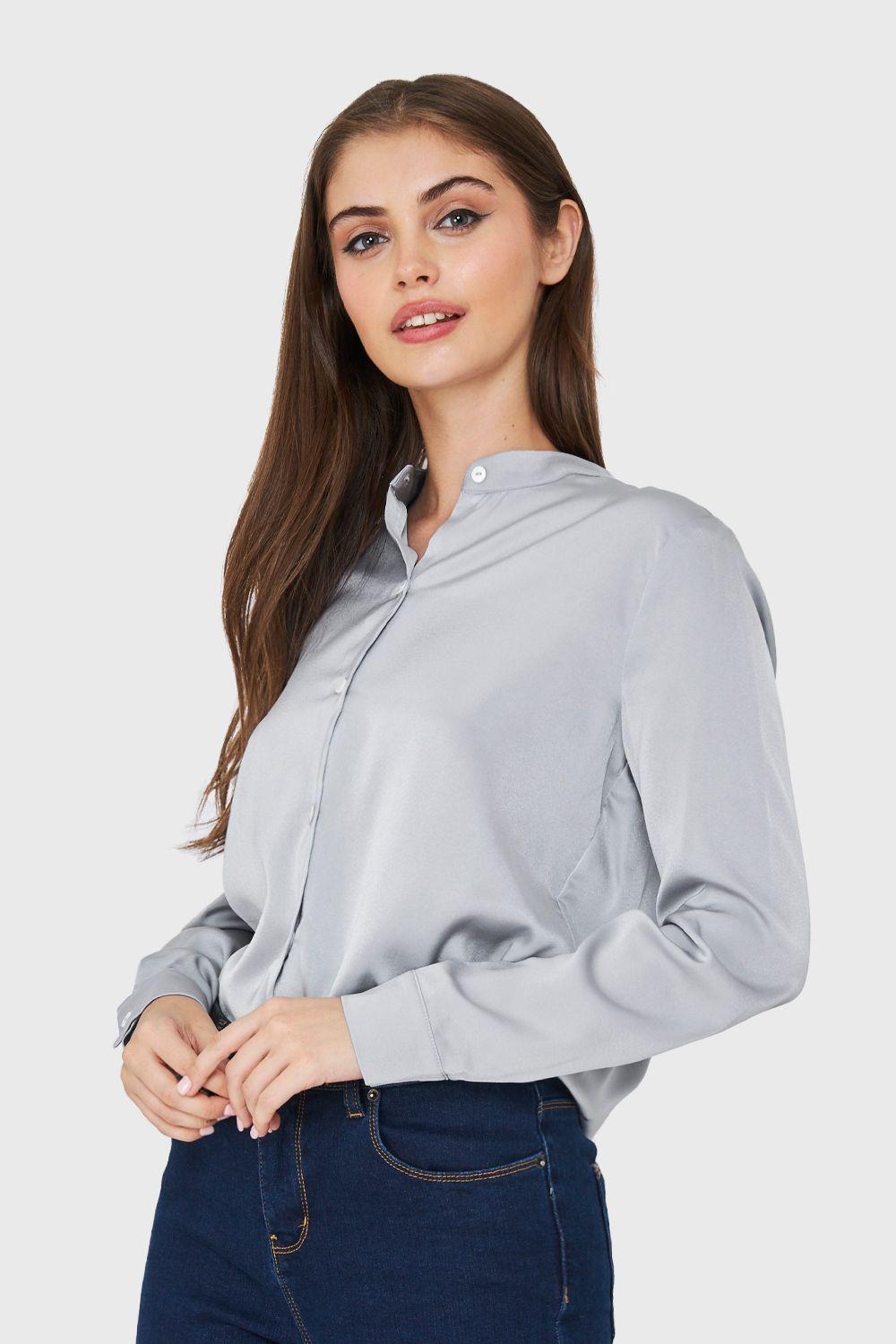 Blusa Cuello Mao Tipo Satín Gris Nicopoly-2