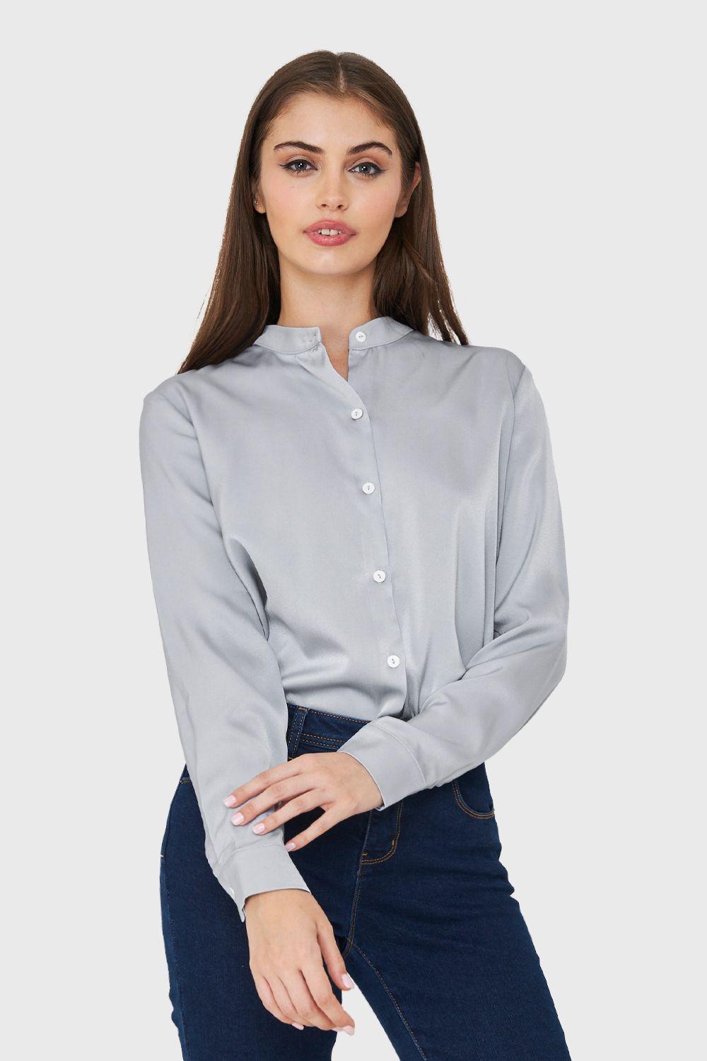 Blusa Cuello Mao Tipo Satín Gris Nicopoly-4