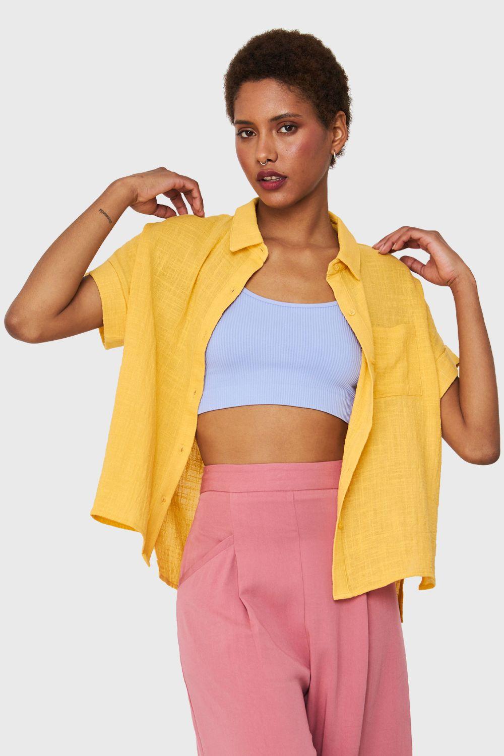 Camisa Bolsillo Manga Corta Amarillo Nicopoly-0