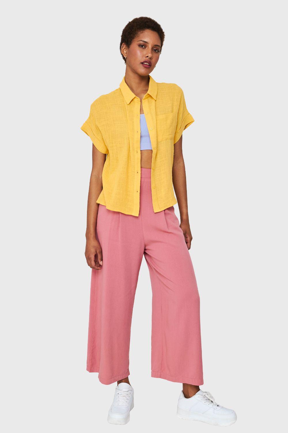 Camisa Bolsillo Manga Corta Amarillo Nicopoly-1