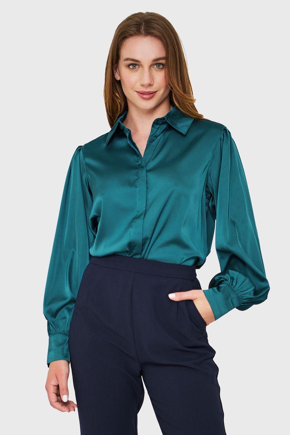 Blusa Tipo Satín Botonera Invisible Verde Nicopoly-0