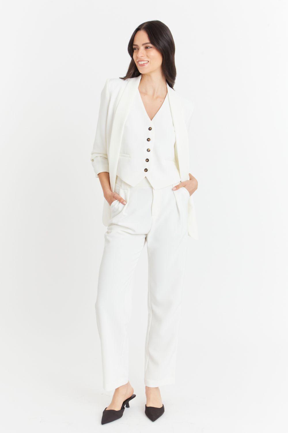 Blazer Manga 3/4 Ajustada Con Pliegues Blanco-1