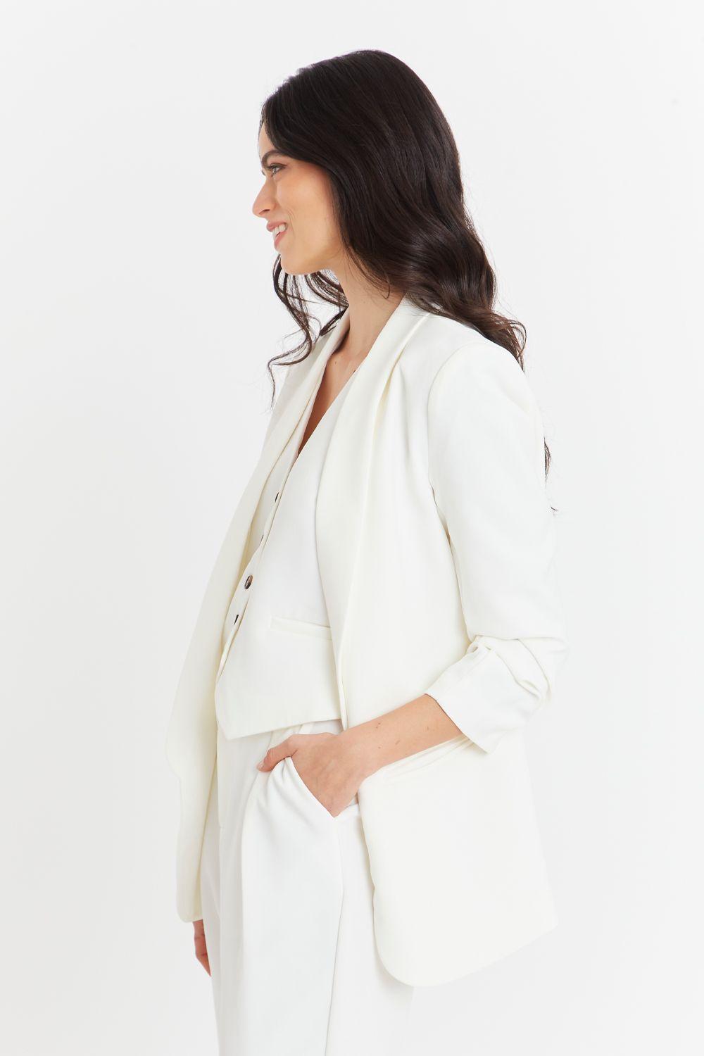 Blazer Manga 3/4 Ajustada Con Pliegues Blanco-2