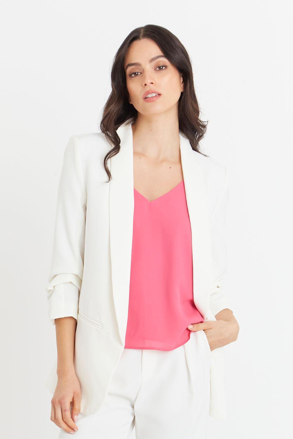 Blazer Manga 3/4 Ajustada Con Pliegues Blanco-4