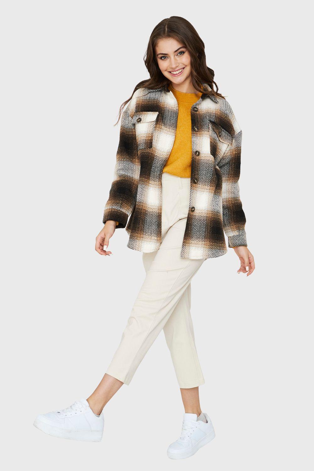 Chaqueta Cuadrillé Bolsillos Café Nicopoly-1
