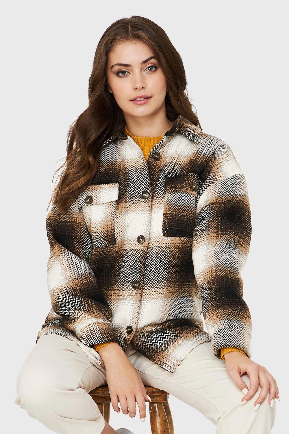 Chaqueta Cuadrillé Bolsillos Café Nicopoly-0