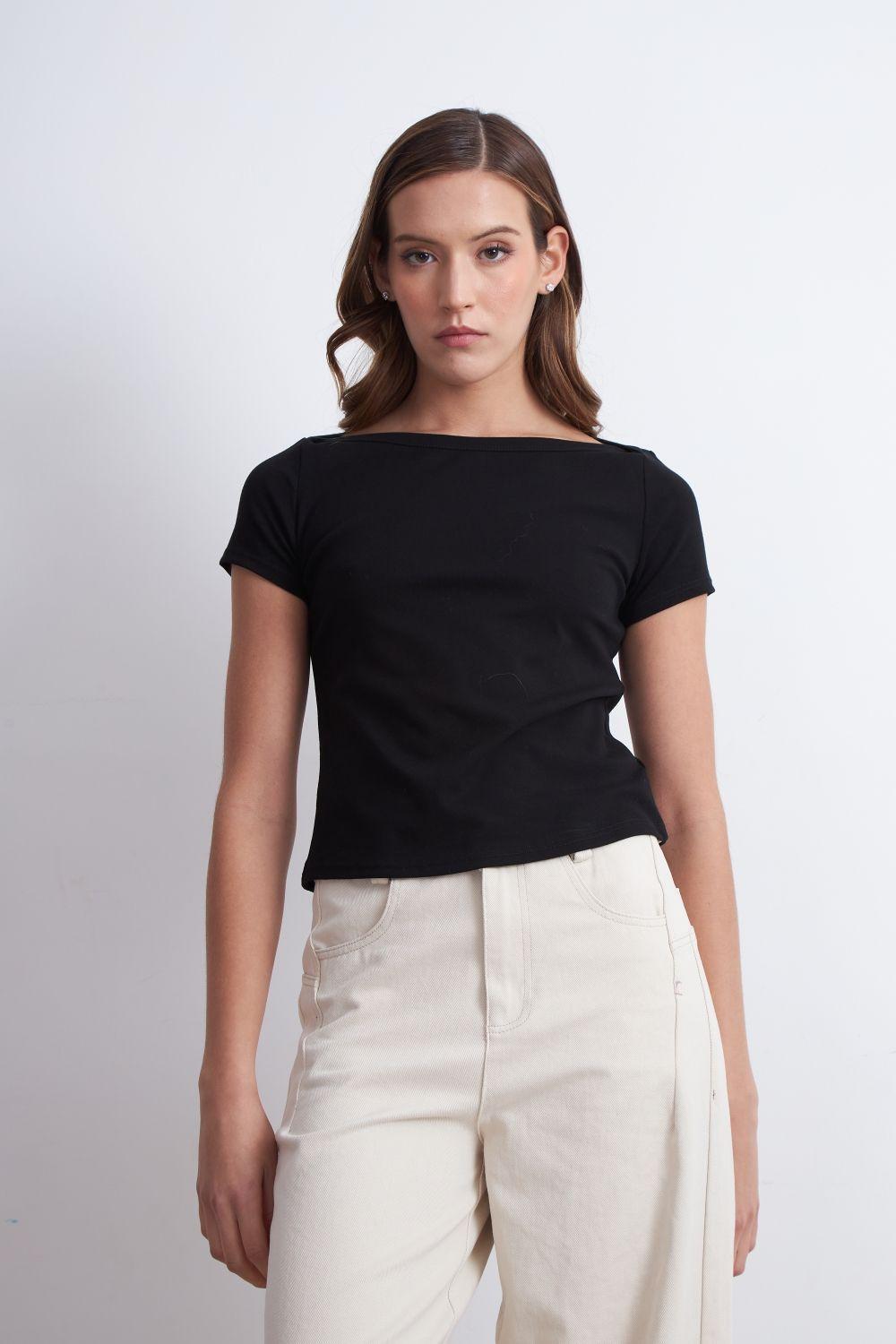Polera Manga Corta Cuello Bote Negro Nicopoly-0