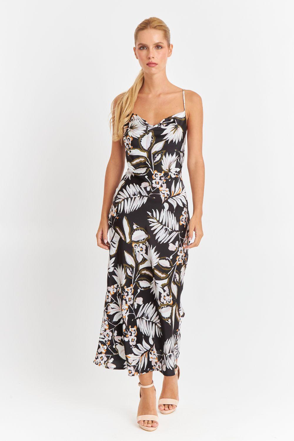 Vestido Tipo Satín Floreado Negro Nicopoly-1