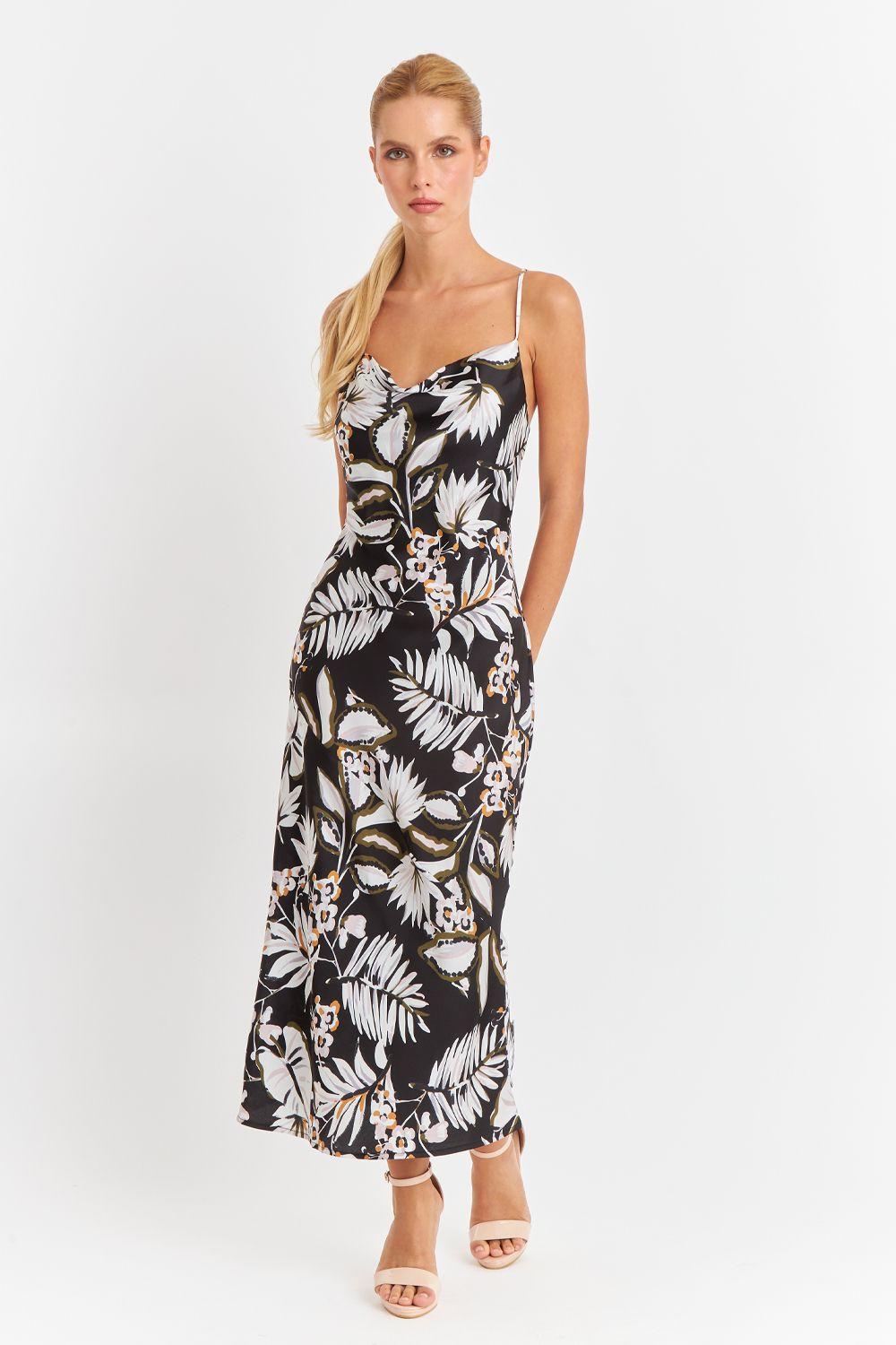 Vestido Tipo Satín Floreado Negro Nicopoly-4