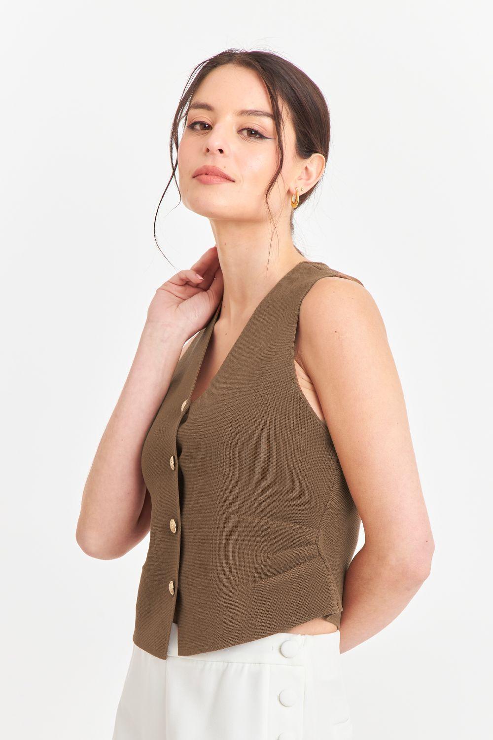 Gilet con Drapeado Lateral Café-2
