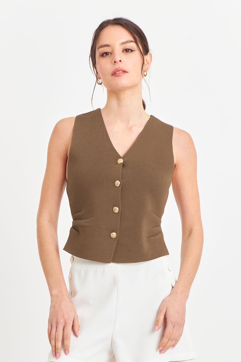 Gilet con Drapeado Lateral Café-4