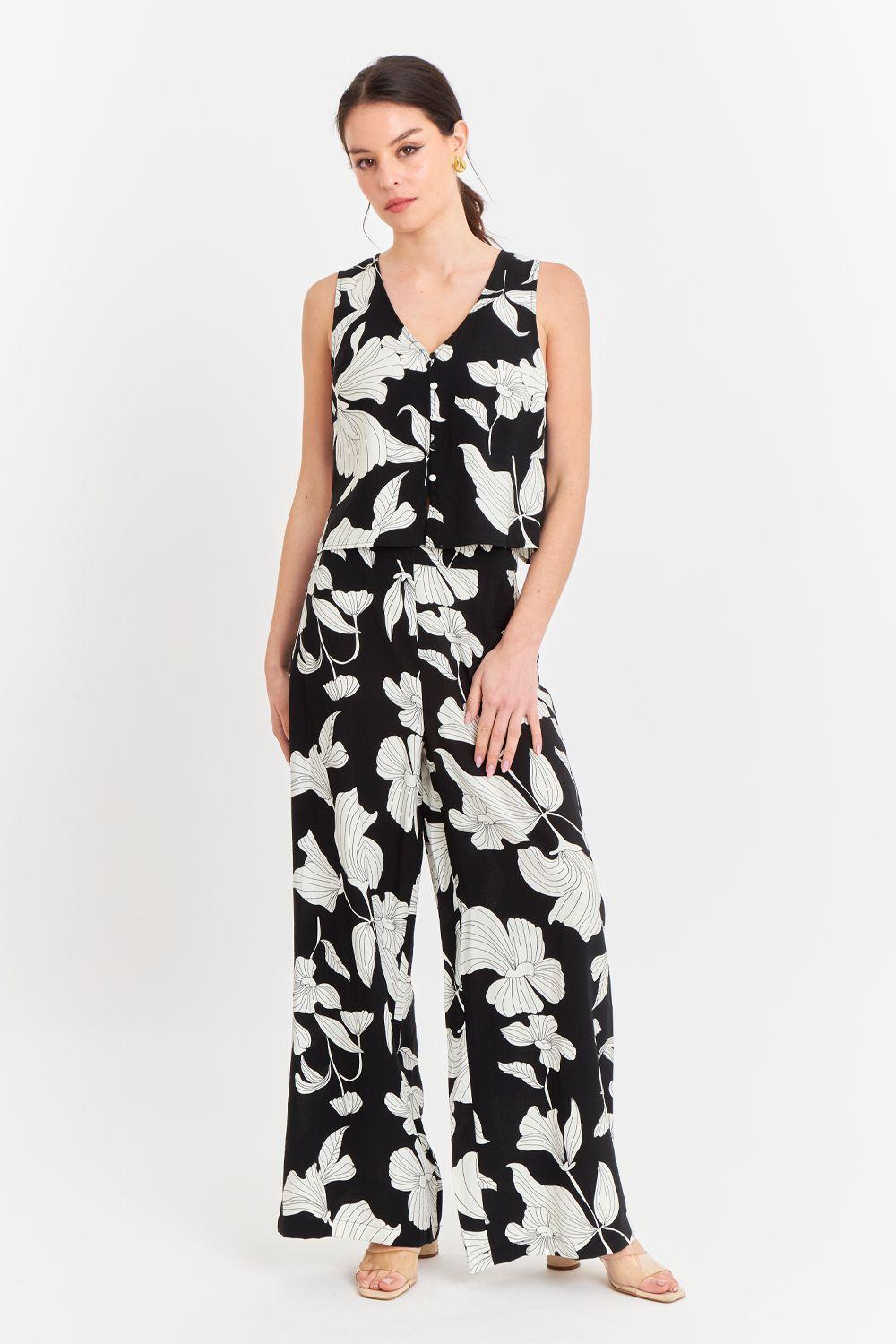 Pantalón Negro Flores Blancas Nicopoly-1