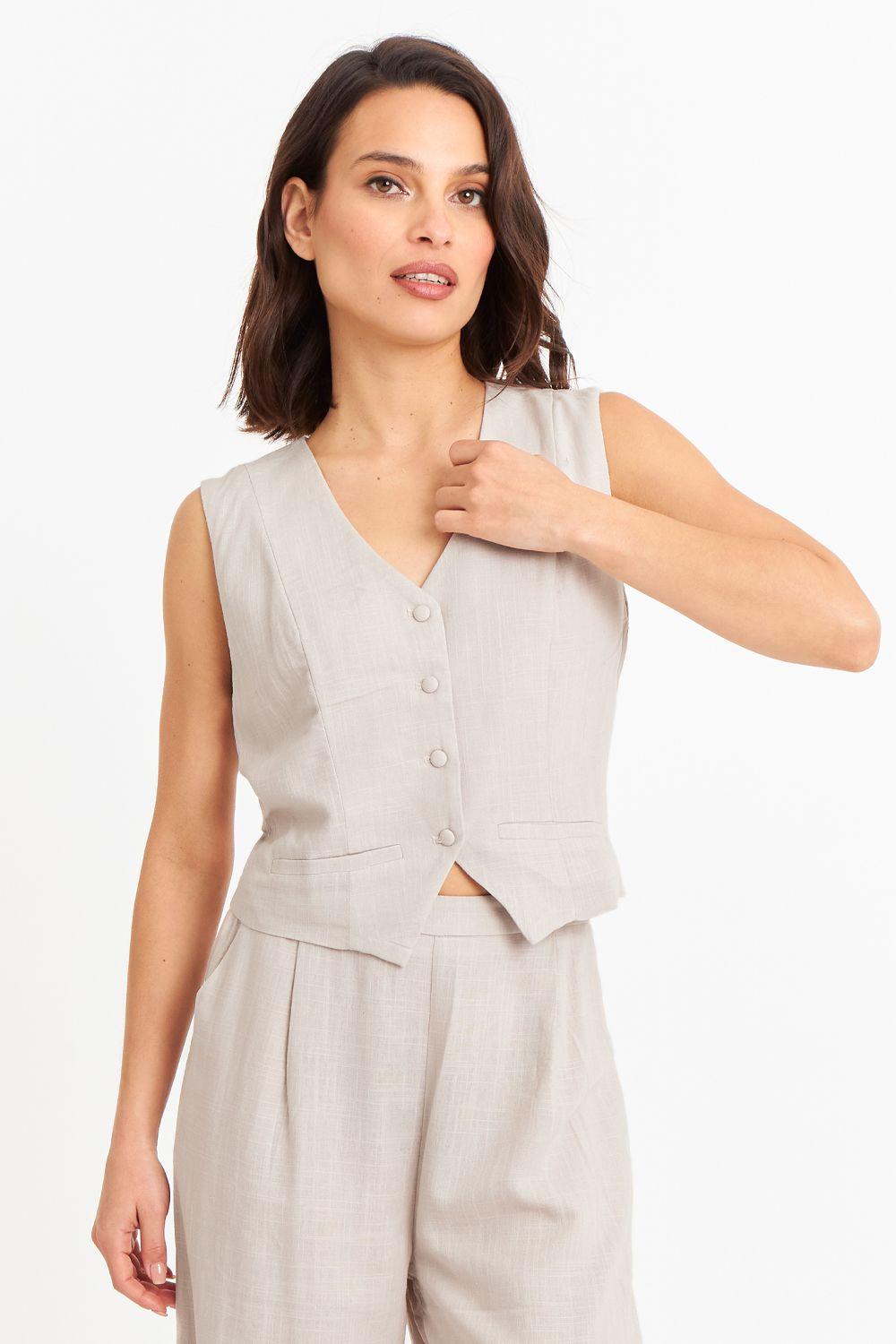 Gilet Mezcla Lino Khaki Nicopoly-4