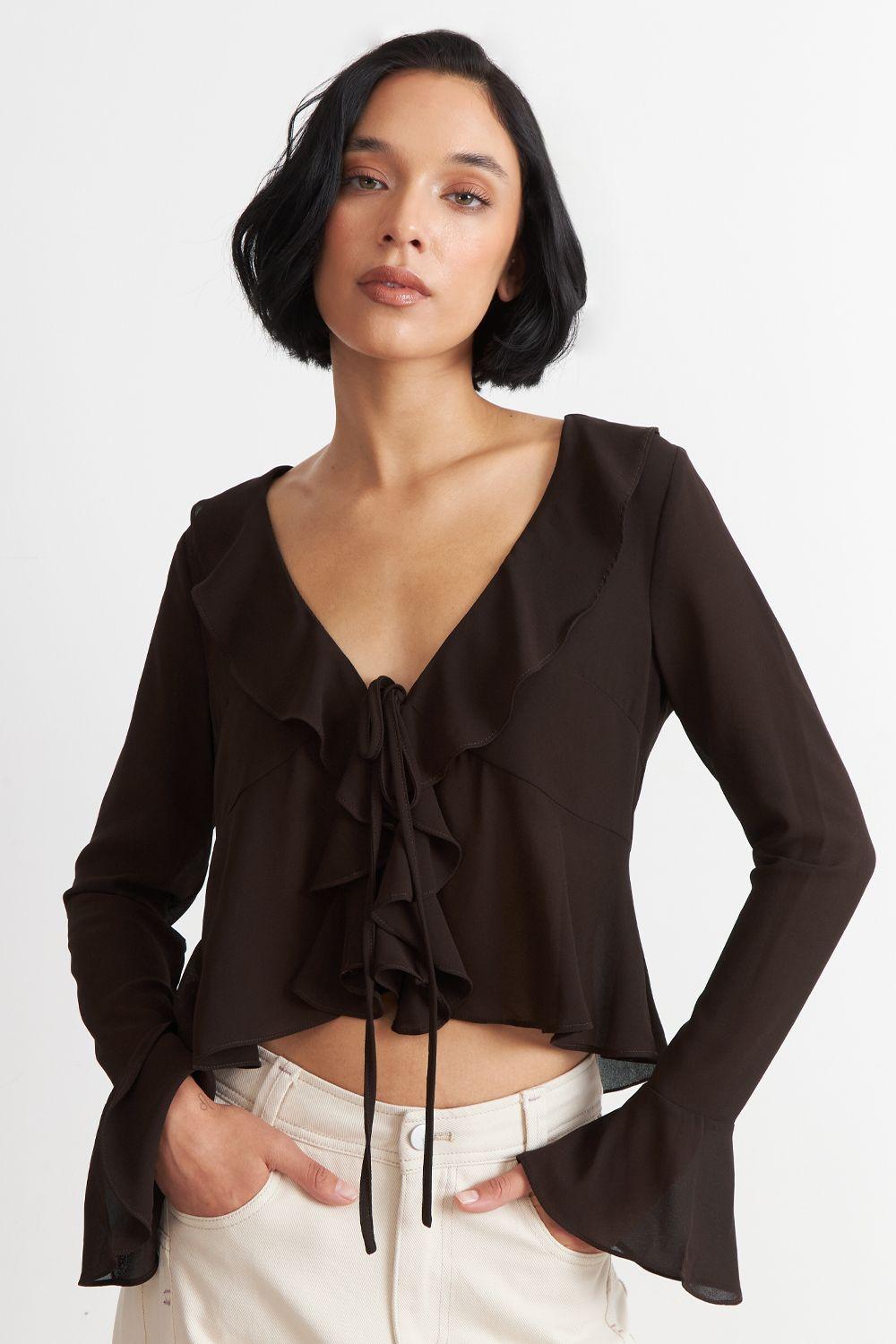 Blusa Vuelos Manga Larga Café Nicopoly-0