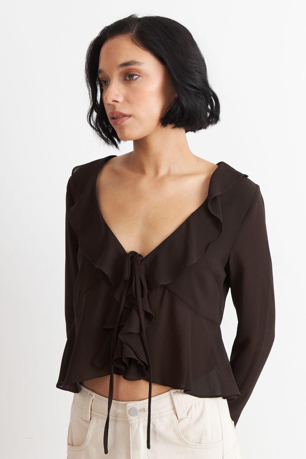 Blusa Vuelos Manga Larga Café Nicopoly-4