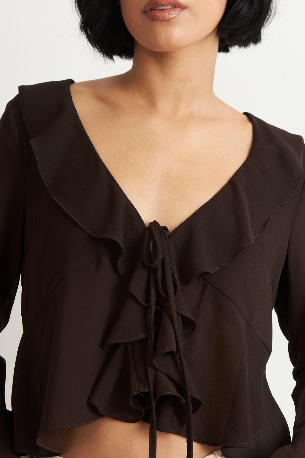 Blusa Vuelos Manga Larga Café Nicopoly-5