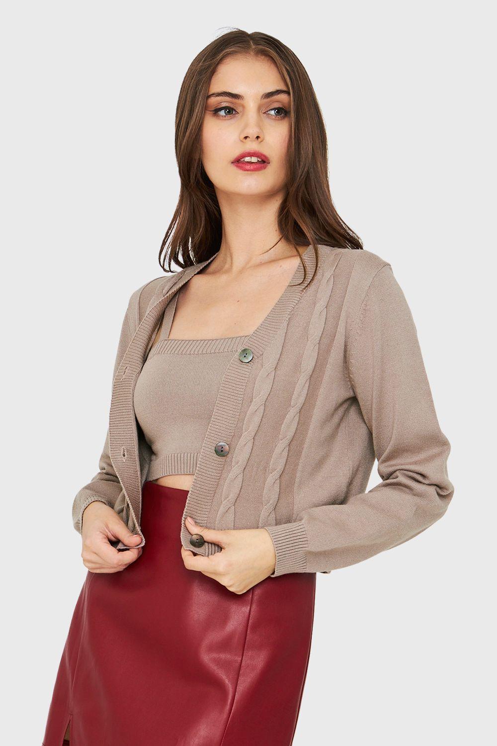 Cárdigan Crop Trenzado Taupe Nicopoly-2