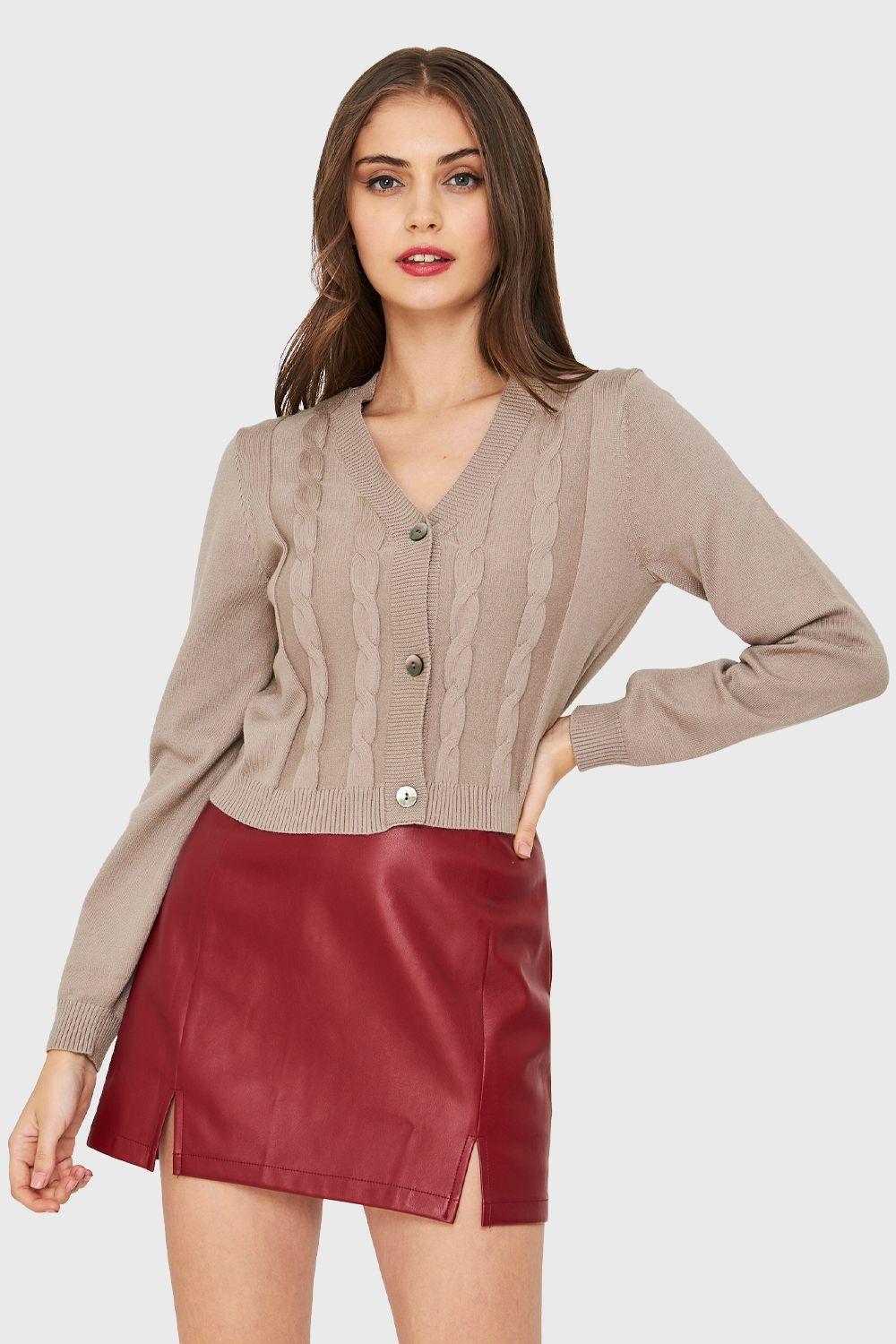 Cárdigan Crop Trenzado Taupe Nicopoly-0