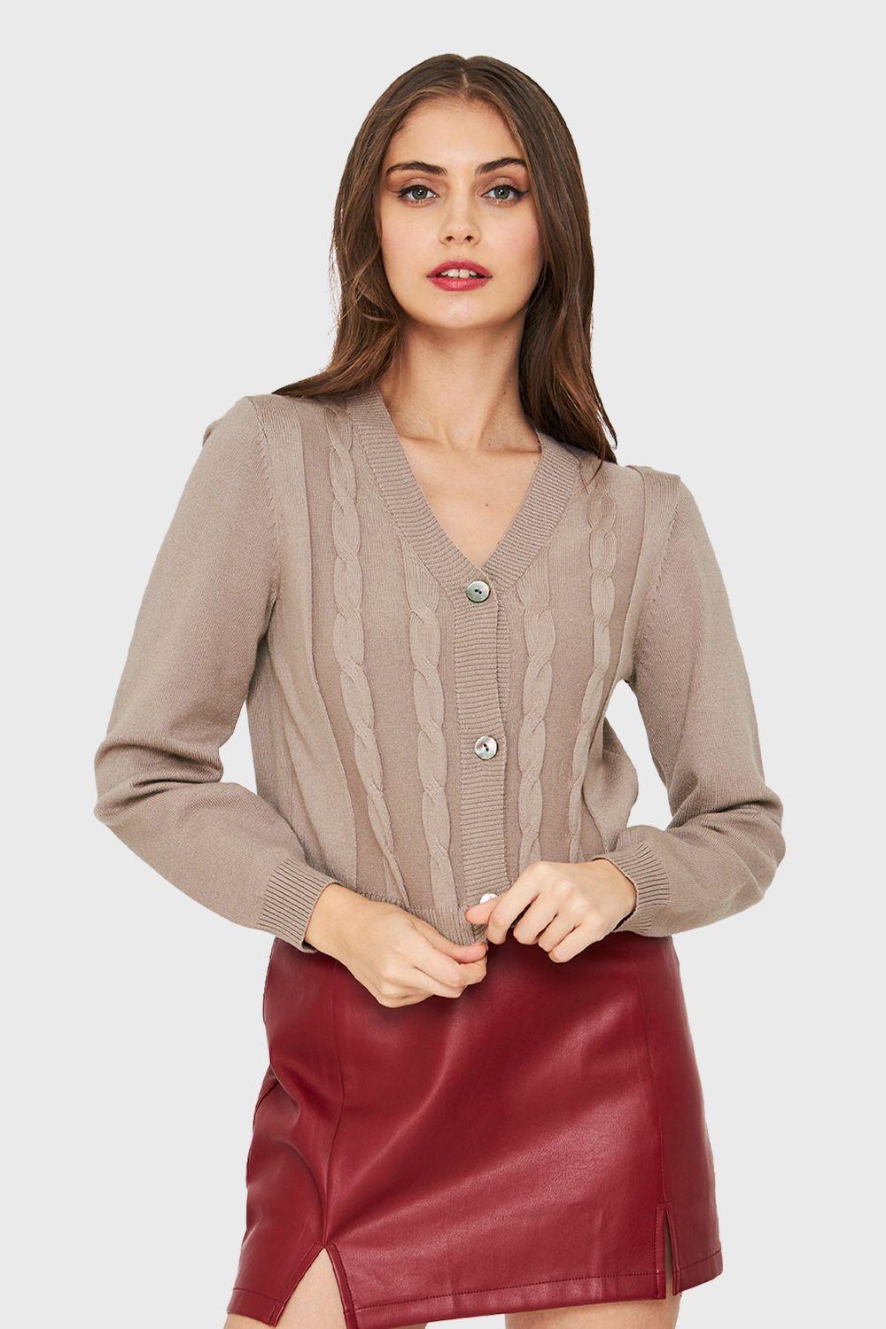Cárdigan Crop Trenzado Taupe Nicopoly-4
