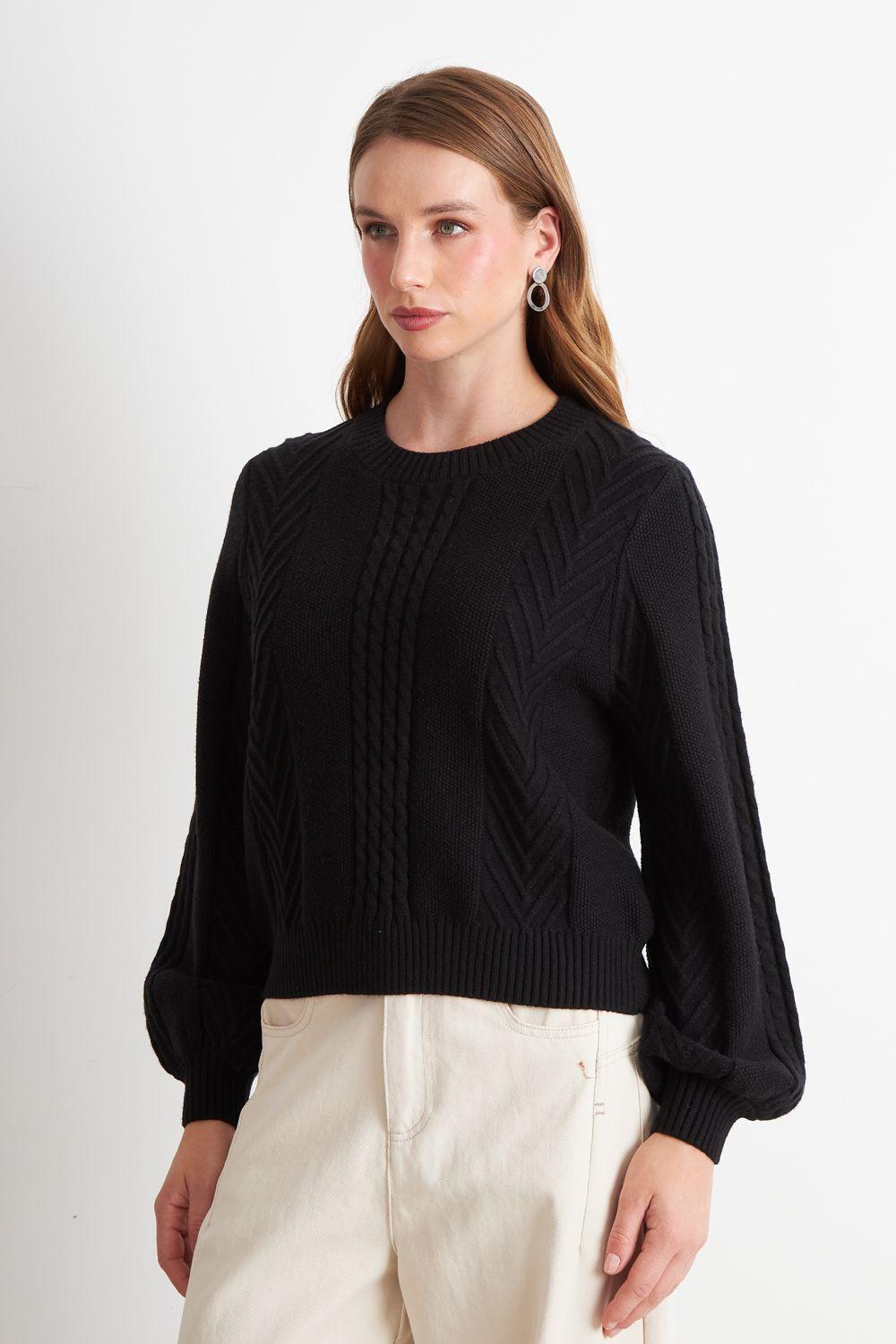 Sweater Trenzado Cuello Redondo Negro Nicopoly-2