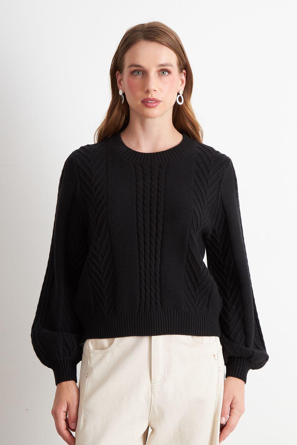 Sweater Trenzado Cuello Redondo Negro Nicopoly-4