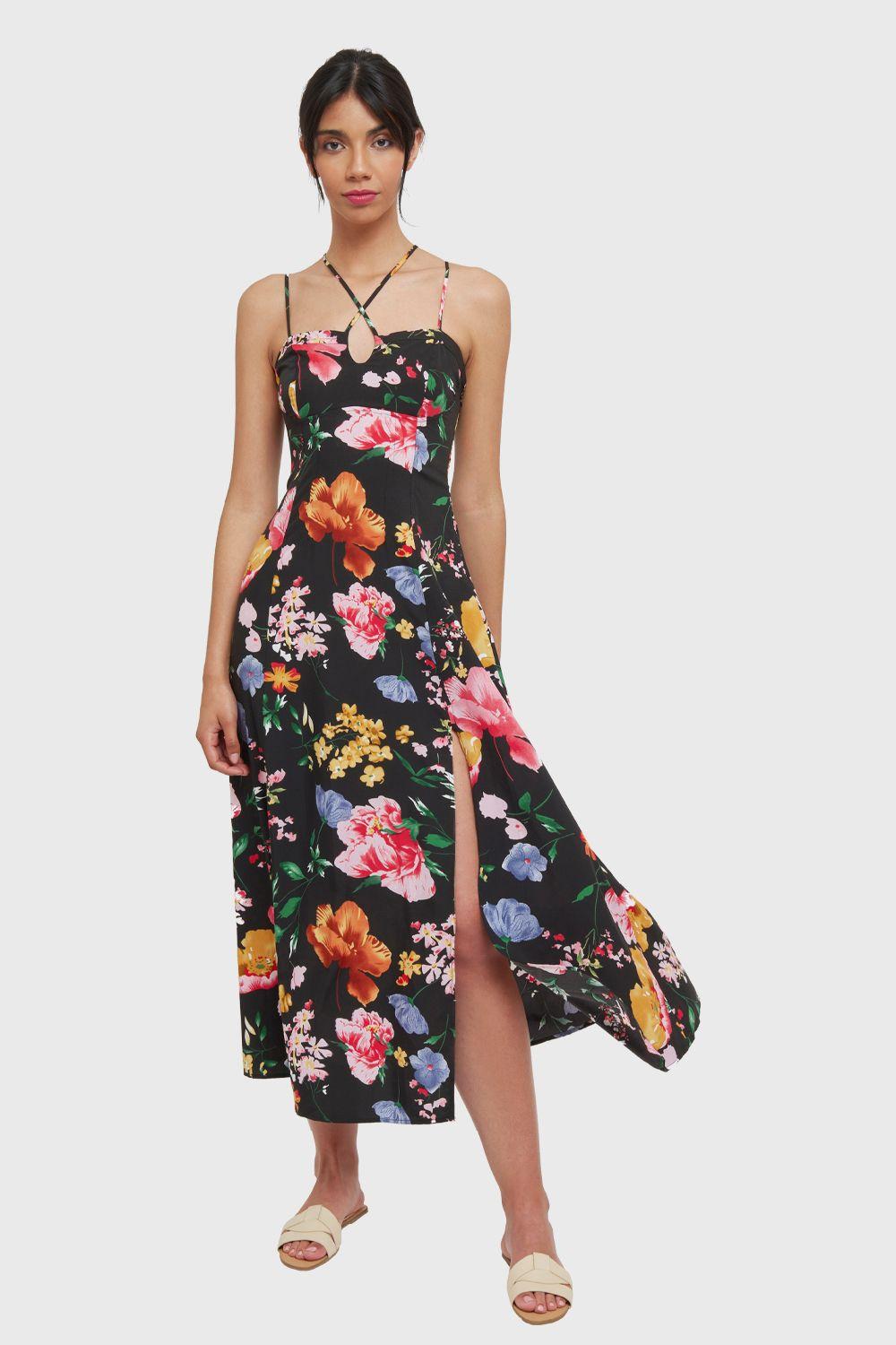 Vestido Largo Floral Tajo Negro Nicopoly-1