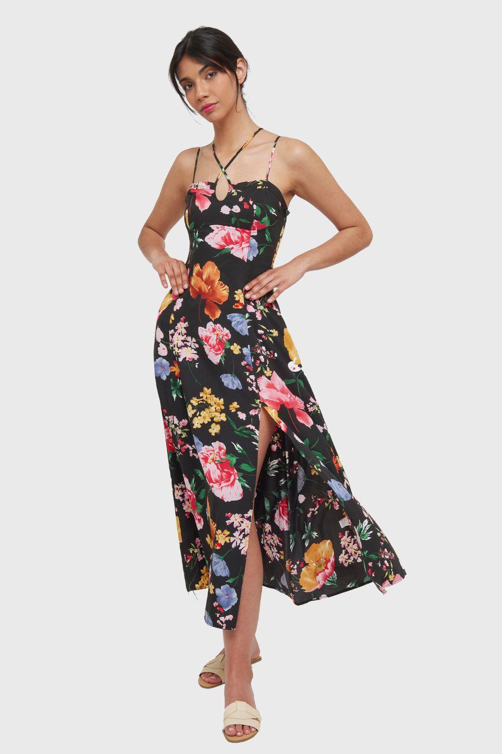 Vestido Largo Floral Tajo Negro Nicopoly-0