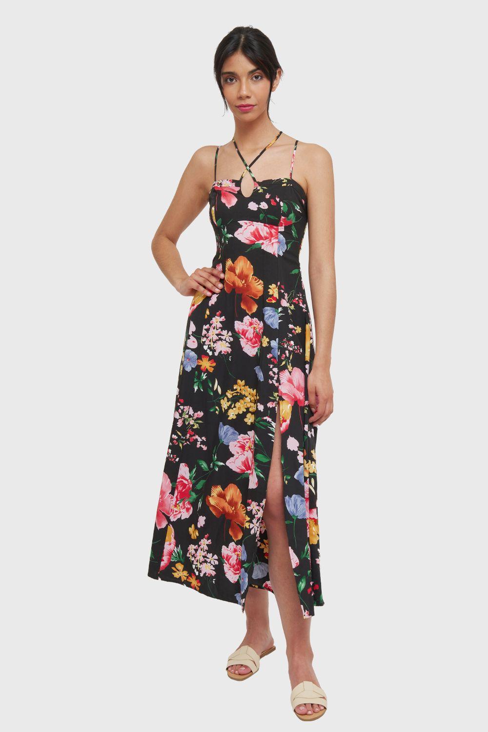 Vestido Largo Floral Tajo Negro Nicopoly-4