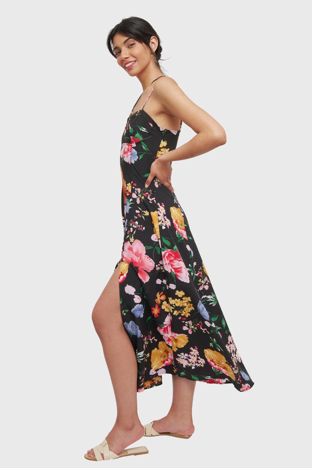 Vestido Largo Floral Tajo Negro Nicopoly-2