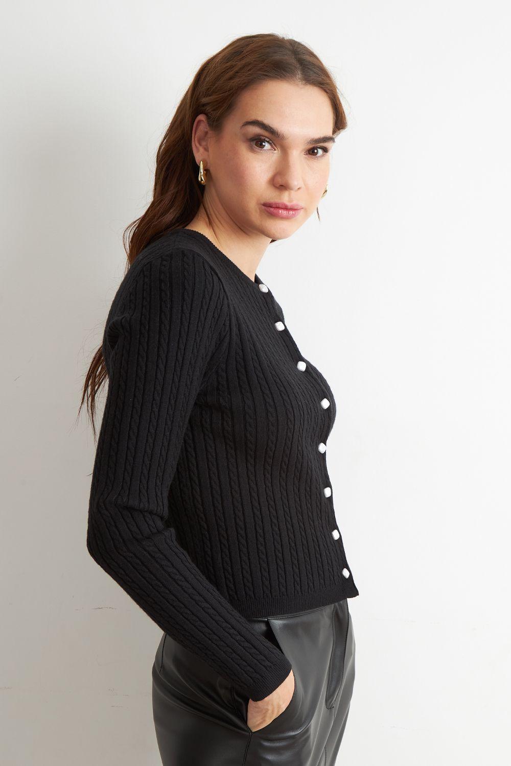 Cárdigan Trenzado Cuello Redondo Negro Nicopoly-2